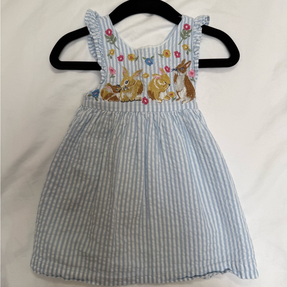 Baby Boden Bunny Easter Embroidered Seersucker Pinafore Dress 6-9M